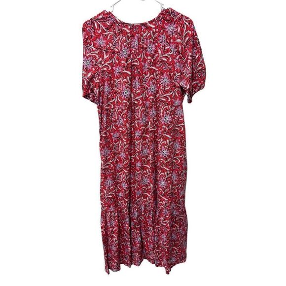 LOFT Puff Sleeve Split Neck Floral Tiered Pocket Shirt Dress Red Size Medium - Picture 6 of 13